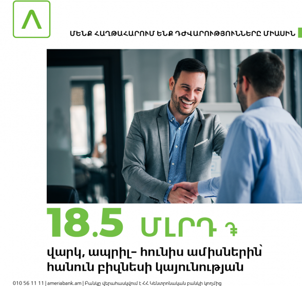 Ամերիաբանկ․ ավելի քան 18.5 մլրդ ՀՀ դրամ արտոնյալ վարկ՝ բիզնեսի աջակցության նպատակով
